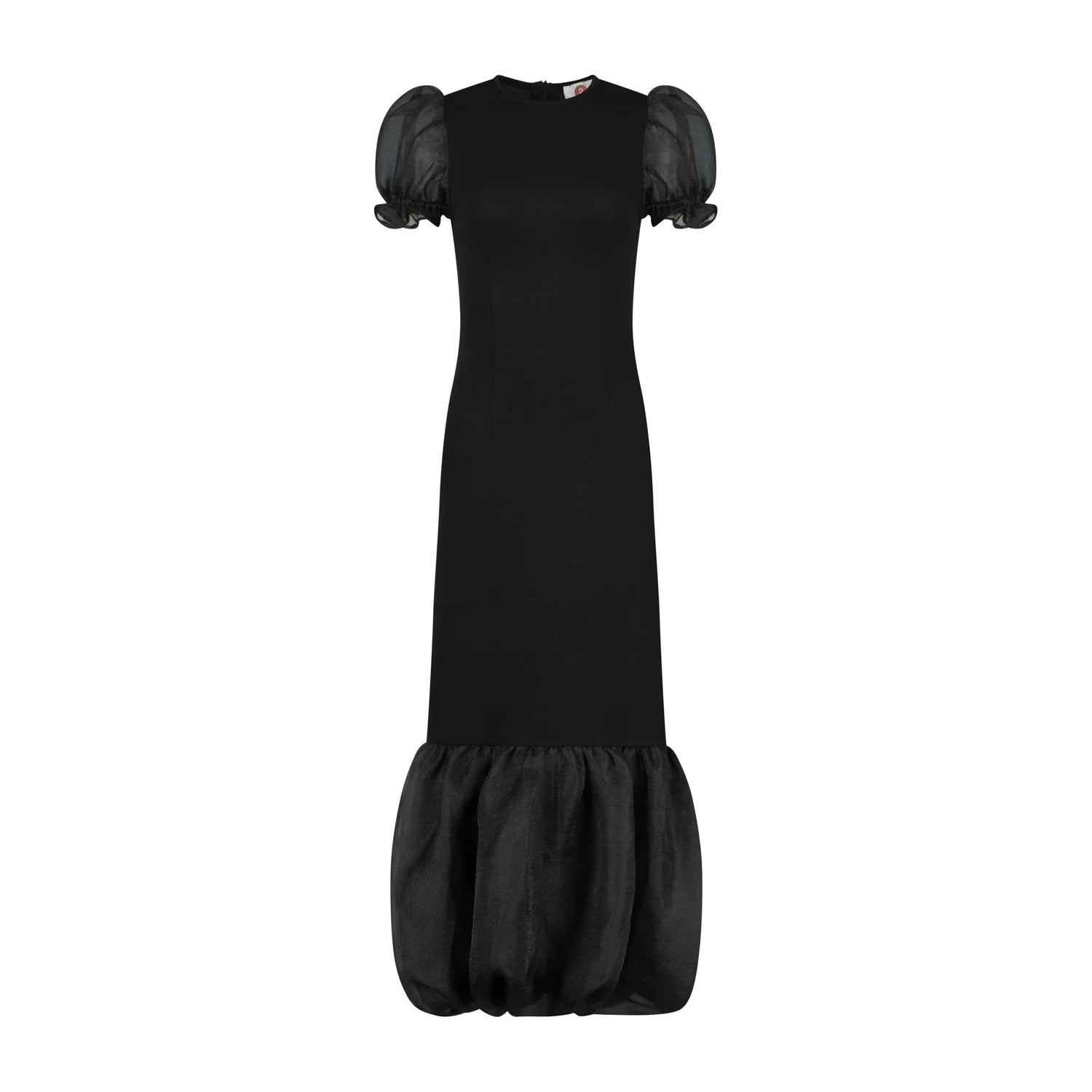 A luxury black maxi dress featuring elegant puffed organza sleeves and a structured organza bubble hem