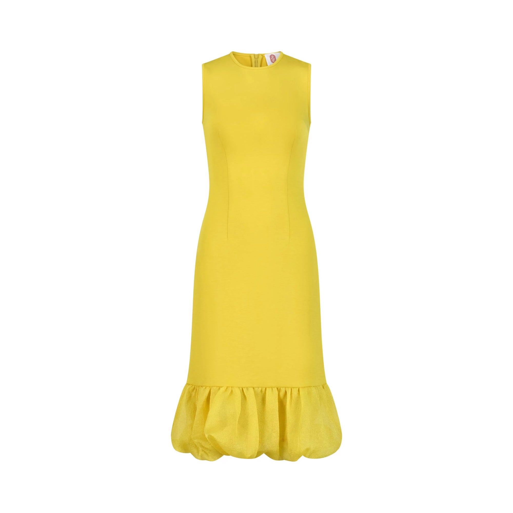 An elegant sleeveless old money style yellow midi dress with a classic fitted design and a stylish bubble hem.