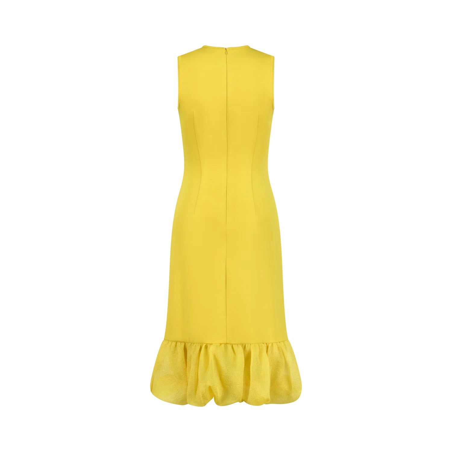 The back view of a luxury yellow sleeveless dress, featuring a classic fitted cut and a stylish ruffled organza hem.