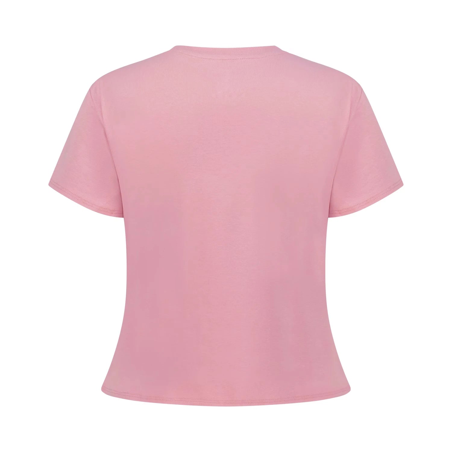 A back view of a plain, light pink t-shirt with a slightly flared fit.