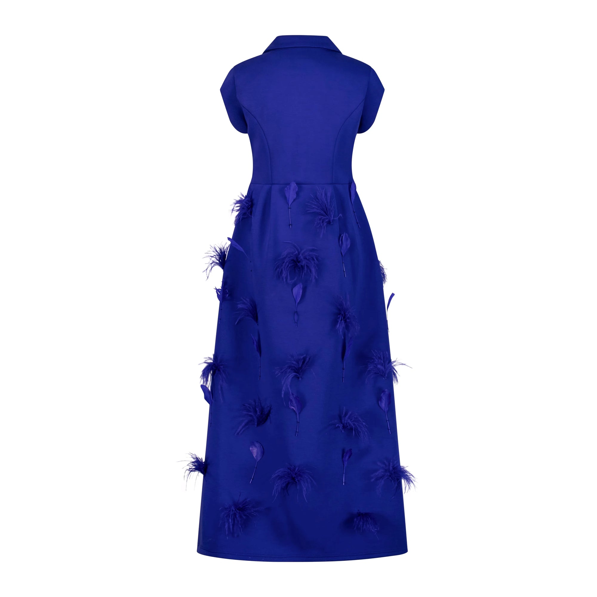 A luxury royal blue dress with intricate feather details, showcasing the high-end design from the back.
