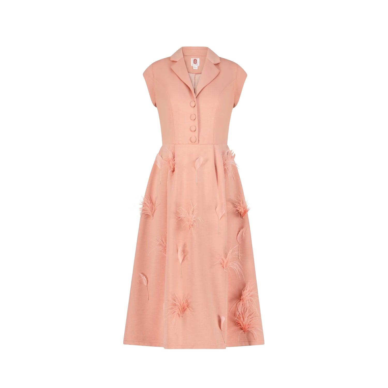 Peach-colored dress with floral embellishments on a white background