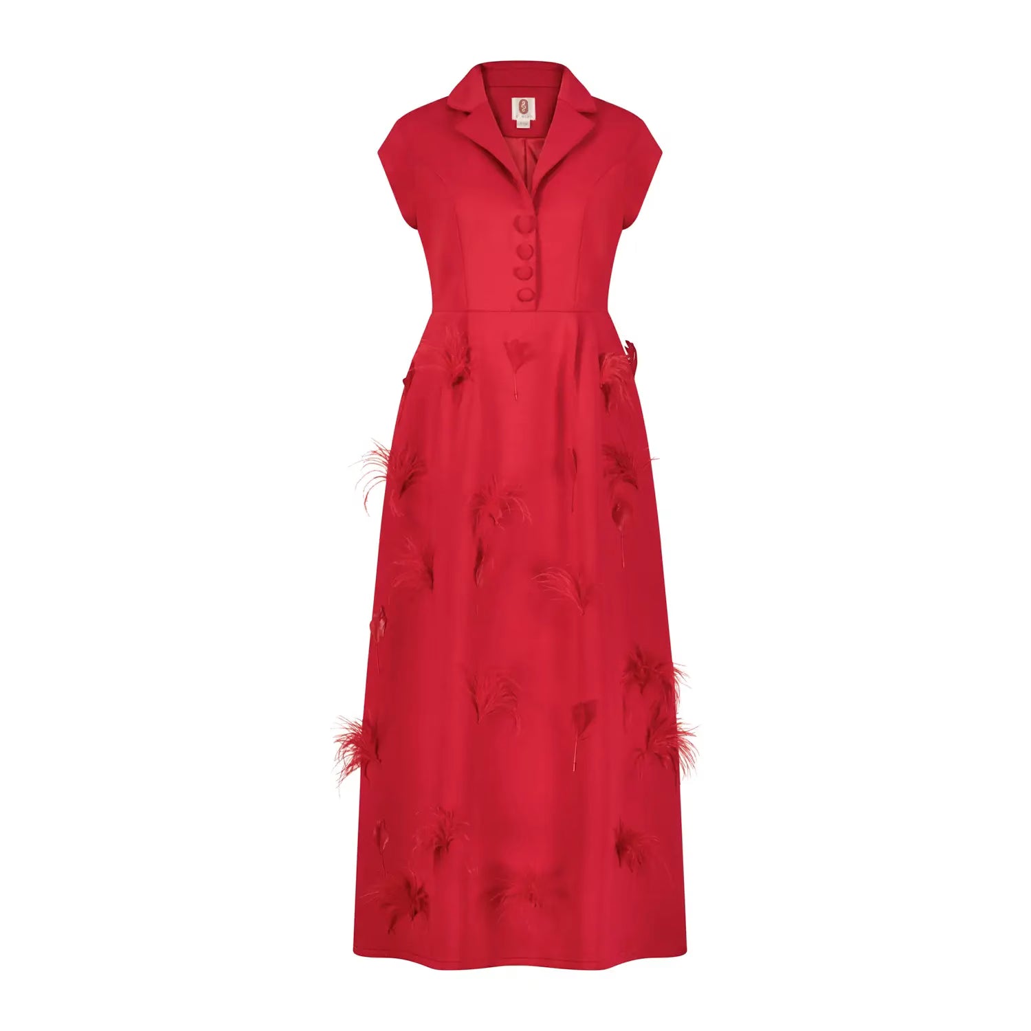 Red sleeveless dress with feather details on a white background